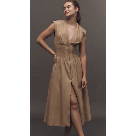 Anthropologie Dresses & Skirts - Anthropologie Shirt Dress Khaki Tommie Smocked Front Zip Preppy Boho Small NWT